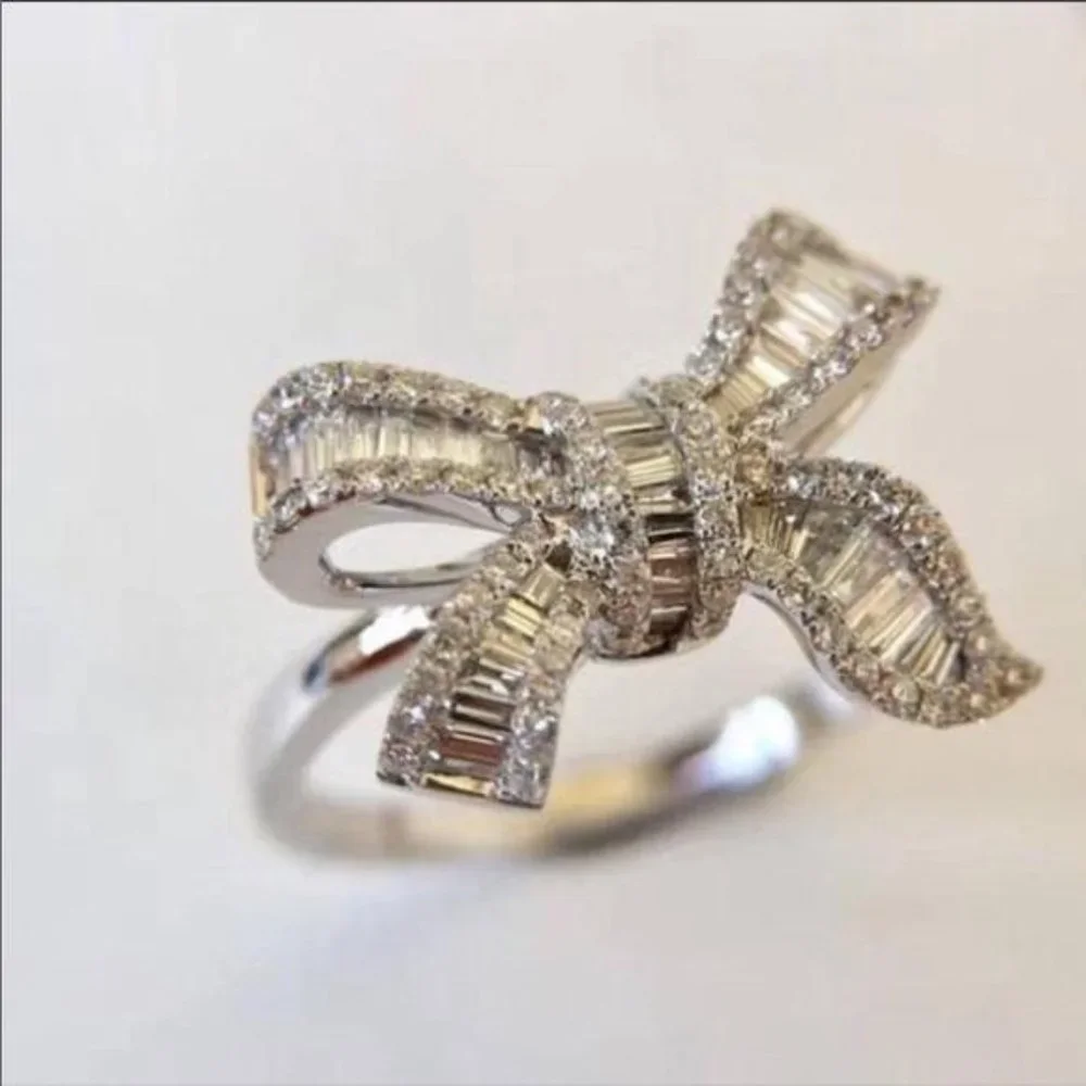NEW BAGUETTE BOW 925 STERLING SILVER DIAMOND RING, CUTE RING, SHINY RING. - Picture 2 of 8